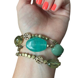 Gold and Aqua Stretchy Beaded Layered Bracelet